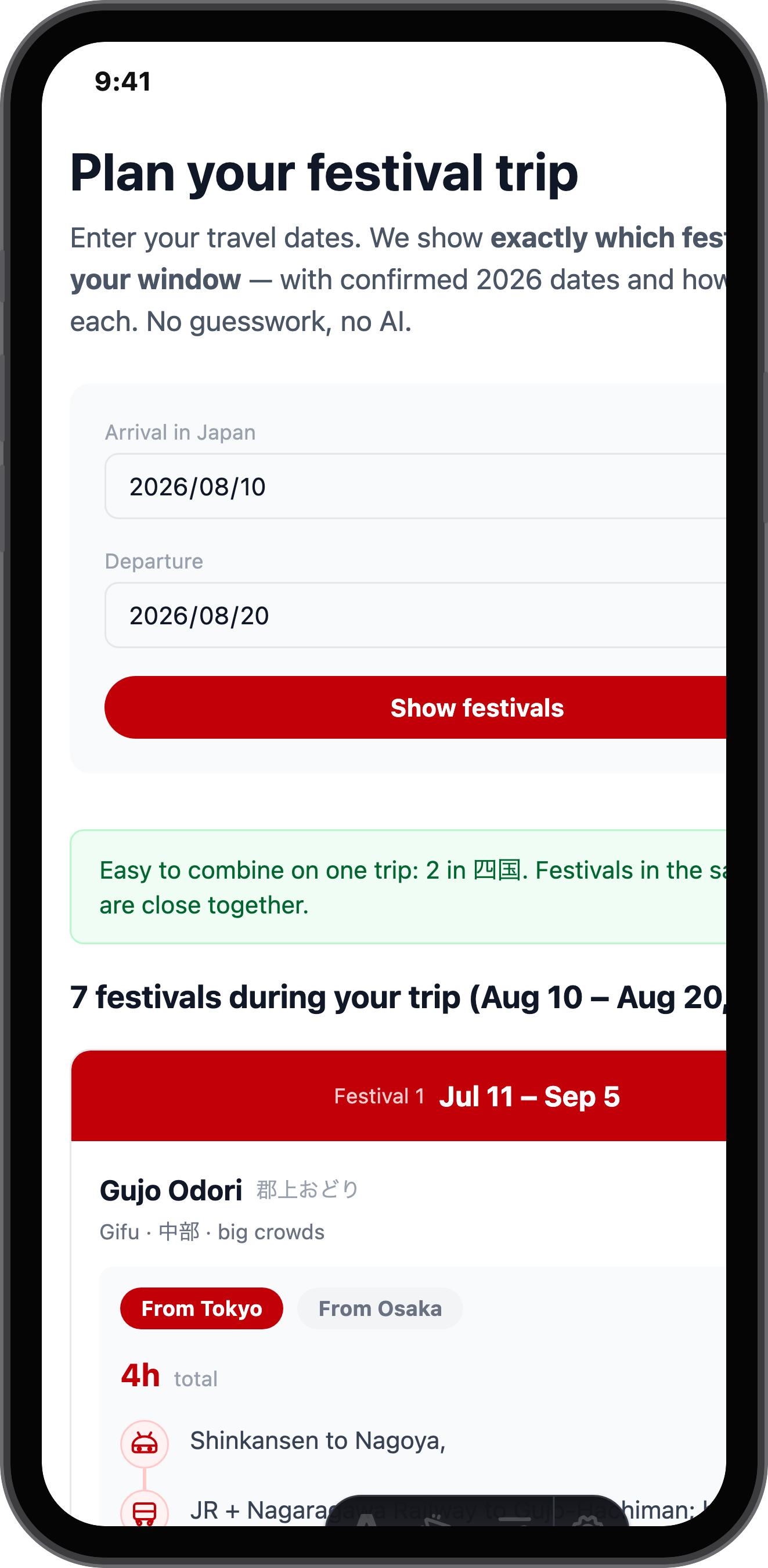 Japan Matsuri app — trip planner by travel dates